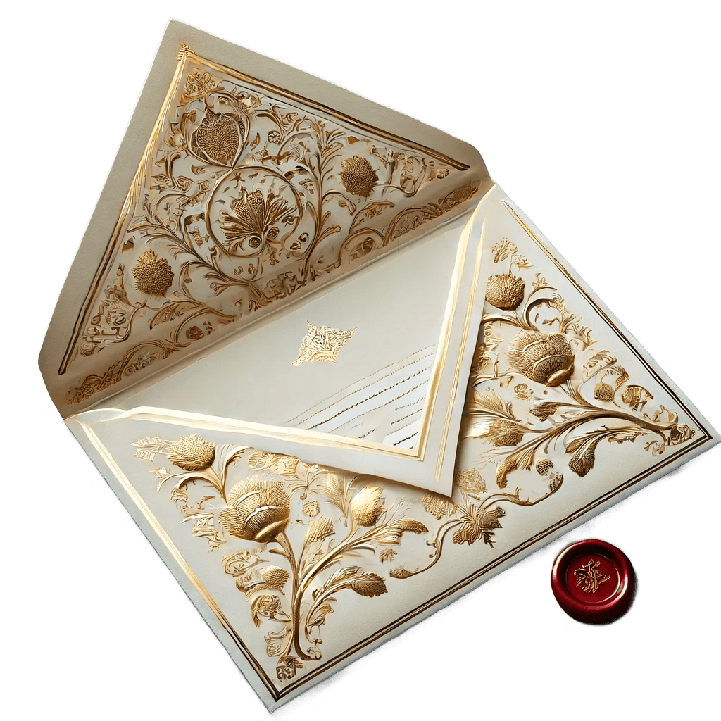 An opened envelope for a wedding invitation with a letter inside